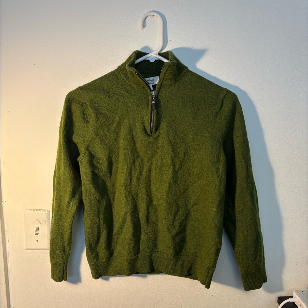 Green Zip Up Sweater with Mock Neck and Ribbed Cuffs